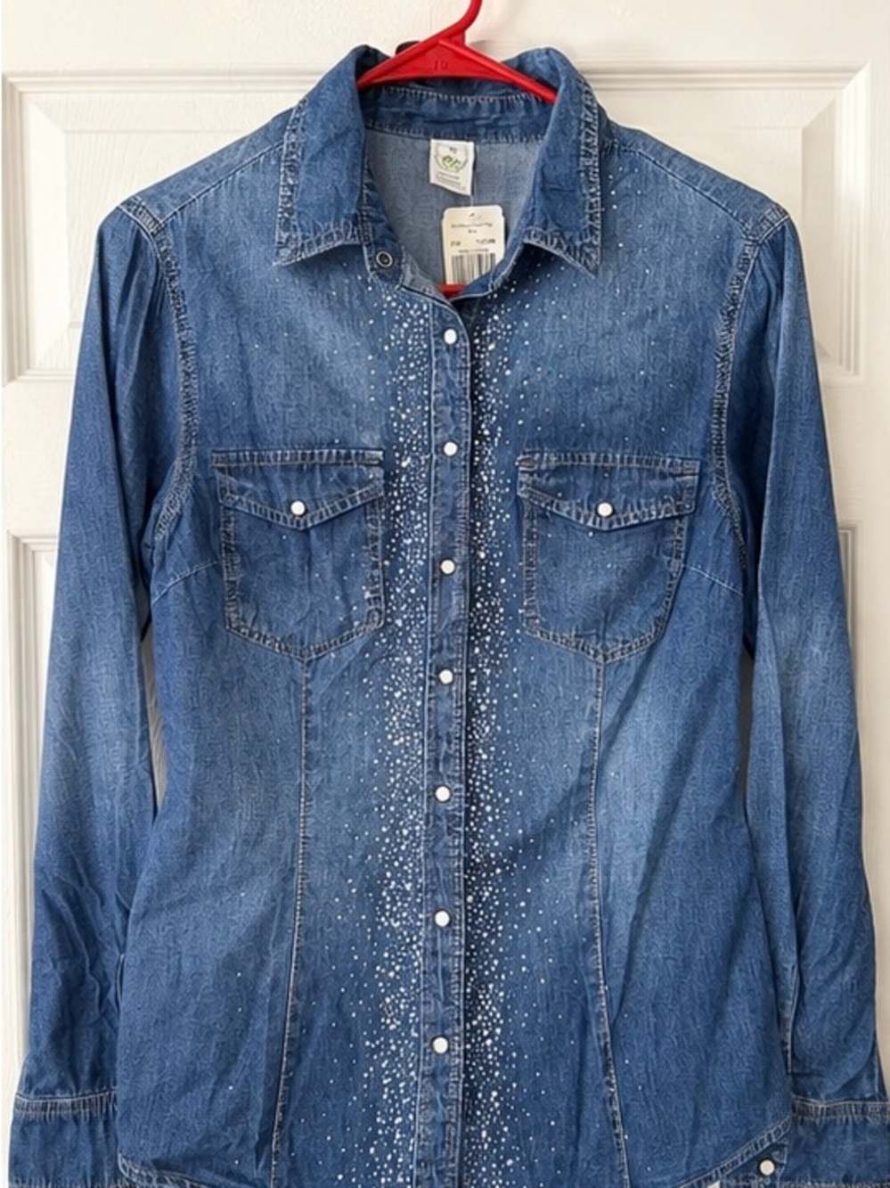 Denim Button-Down Shirt with Front Crystal Detail - Blue